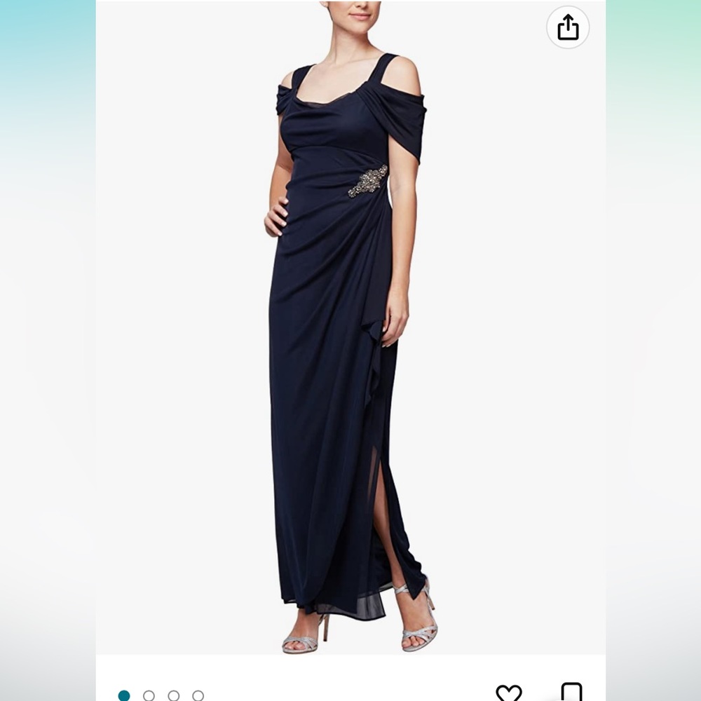 Navy Alex Evenings Formal Dress with Side Slit and Jeweled Embellishment